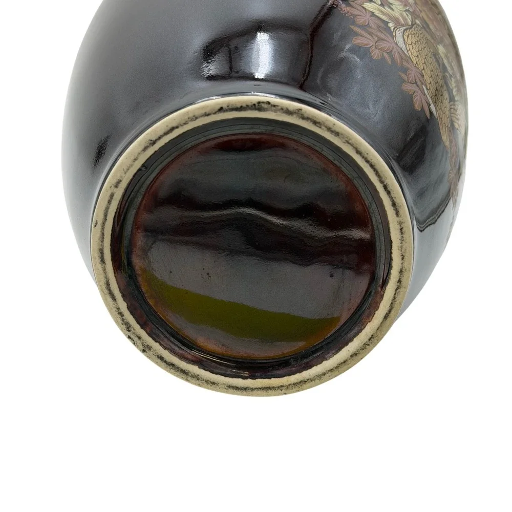 Vtg Japanese Shibata Style Gilded Floral Bird Ceramic Vase Dark Brown Gold 14in